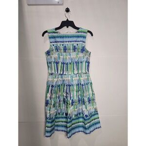 Womens Dressbarn Sleeveless pleated dress, blue, green, & white,‎ size 6